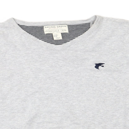 Racing Green Mens Grey V-Neck  Cotton Pullover Jumper Size M   - Pale Grey Bird Graphic