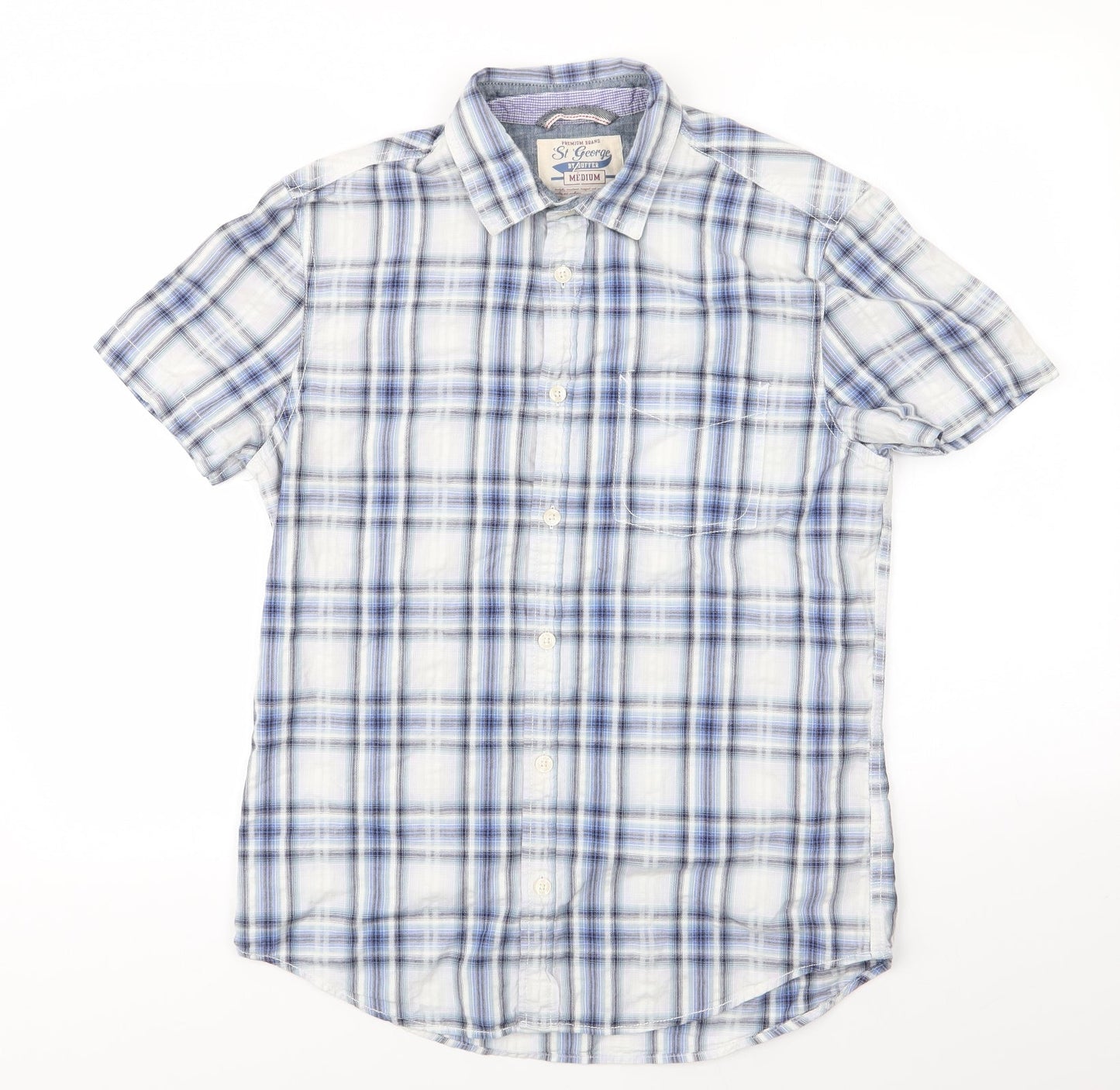St George by Duffer Mens Blue Check Cotton  Button-Up Size M Collared  - Blue White Grey Check