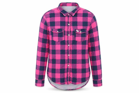 Front view of Abercrombie & Fitch kids girls’ pink check cotton basic button-up, collared - blue & pink check and lined blue
