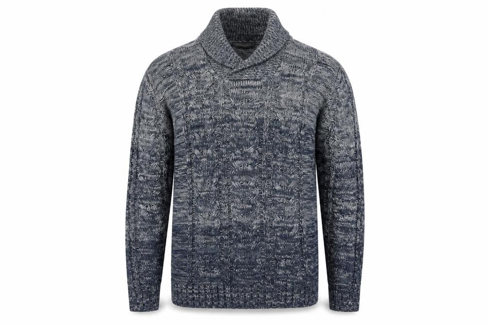 Front view of Cedarwood State men’s blue collared jumper, size M, - fade to blue teal grey mix