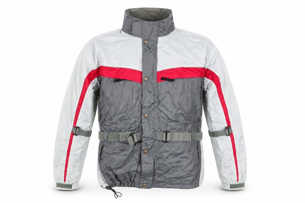 Front view of Crane Road men’s grey striped rain coat coat, size M, - grey red colourblock adjustable straps