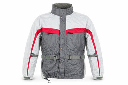Front view of Crane Road men’s grey striped rain coat coat, size M, - grey red colourblock adjustable straps