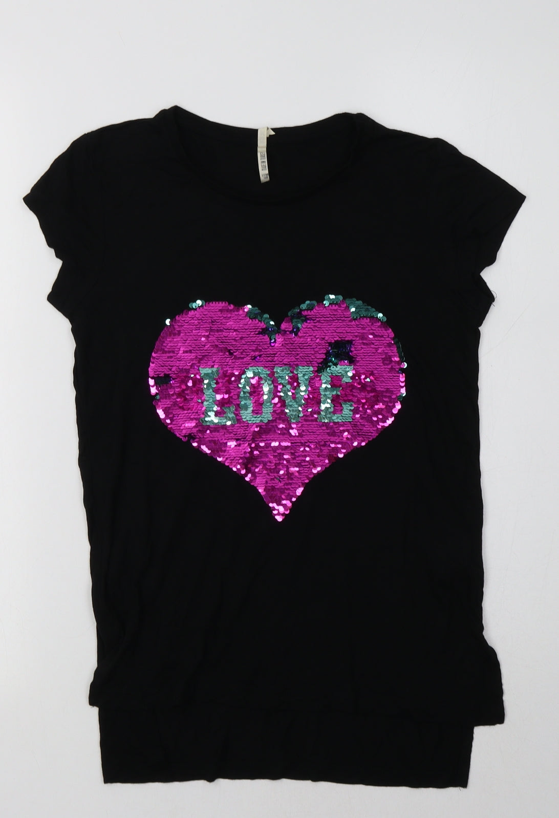 Primark Girls Black  Viscose Tunic T-Shirt Size 11-12 Years Crew Neck  - Heart