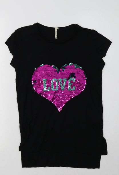 Primark Girls Black  Viscose Tunic T-Shirt Size 11-12 Years Crew Neck  - Heart