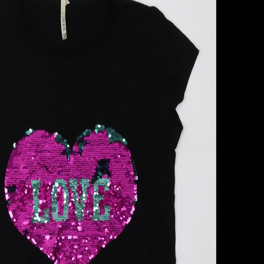 Primark Girls Black  Viscose Tunic T-Shirt Size 11-12 Years Crew Neck  - Heart