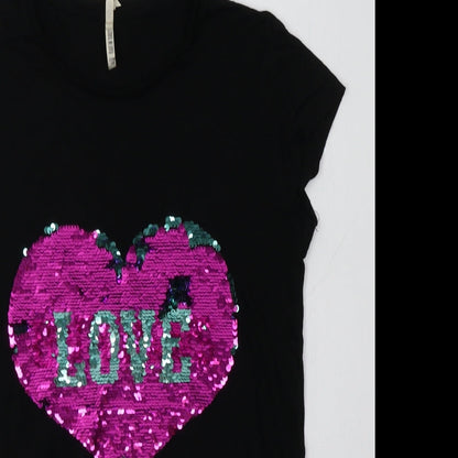 Primark Girls Black  Viscose Tunic T-Shirt Size 11-12 Years Crew Neck  - Heart