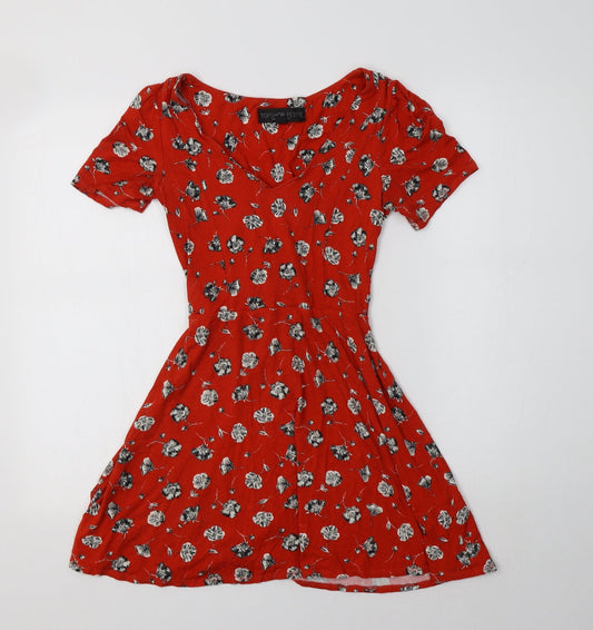 Topshop Womens Red Floral Viscose Fit & Flare  Size 4  V-Neck