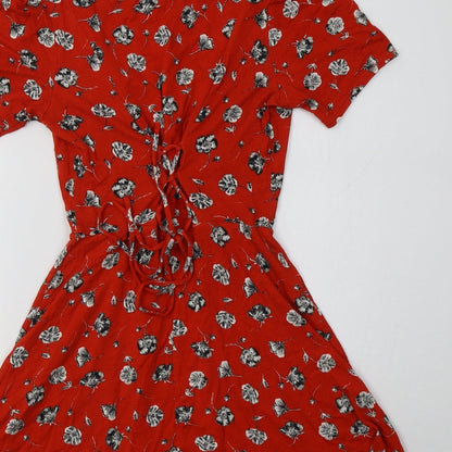 Topshop Womens Red Floral Viscose Fit & Flare  Size 4  V-Neck