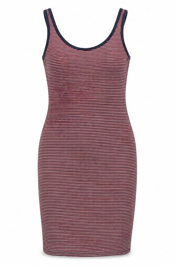 Front view of Shana women’s red striped 100% cotton tank dress, size L, round neck