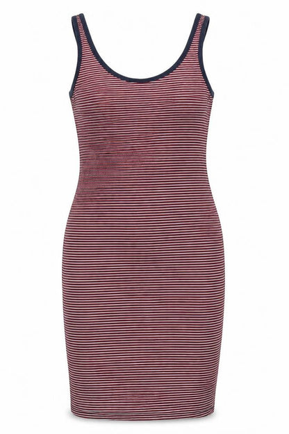 Front view of Shana women’s red striped 100% cotton tank dress, size L, round neck