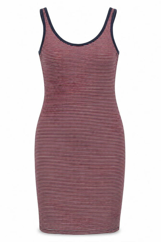 Front view of Shana women’s red striped 100% cotton tank dress, size L, round neck