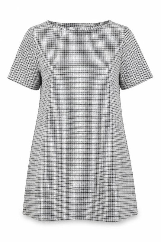 Front view of Avenue women’s grey check polyester a-line, size UK 14, round neck