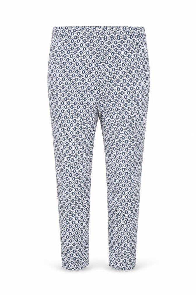 Front view of H&M women’s multicoloured argyle/diamond cotton trousers, size UK 10, 27-inch leg regular
