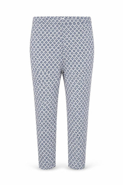 Front view of H&M women’s multicoloured argyle/diamond cotton trousers, size UK 10, 27-inch leg regular