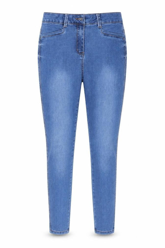 Front view of Very women’s blue cotton skinny jeans, size UK 10, 28-inch leg regular