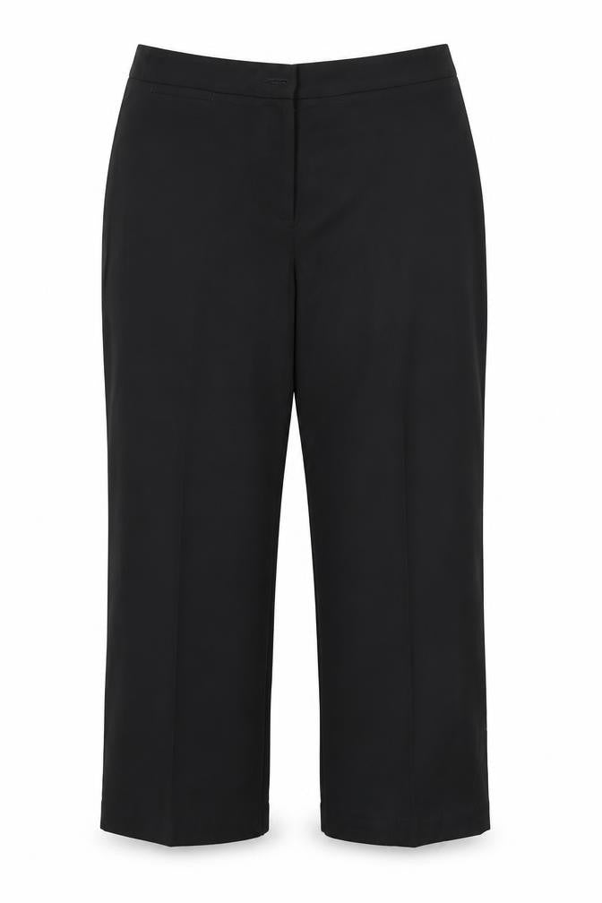 Front view of Marks & Spencer women’s black polyester dress pants trousers, size UK 14, 26-inch leg regular
