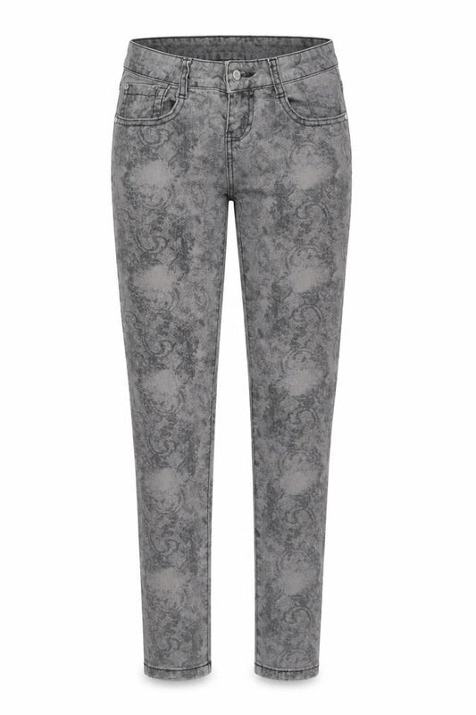Front view of Falmer Heritage women’s grey paisley cotton skinny jeans, size UK 8, 30-inch leg regular