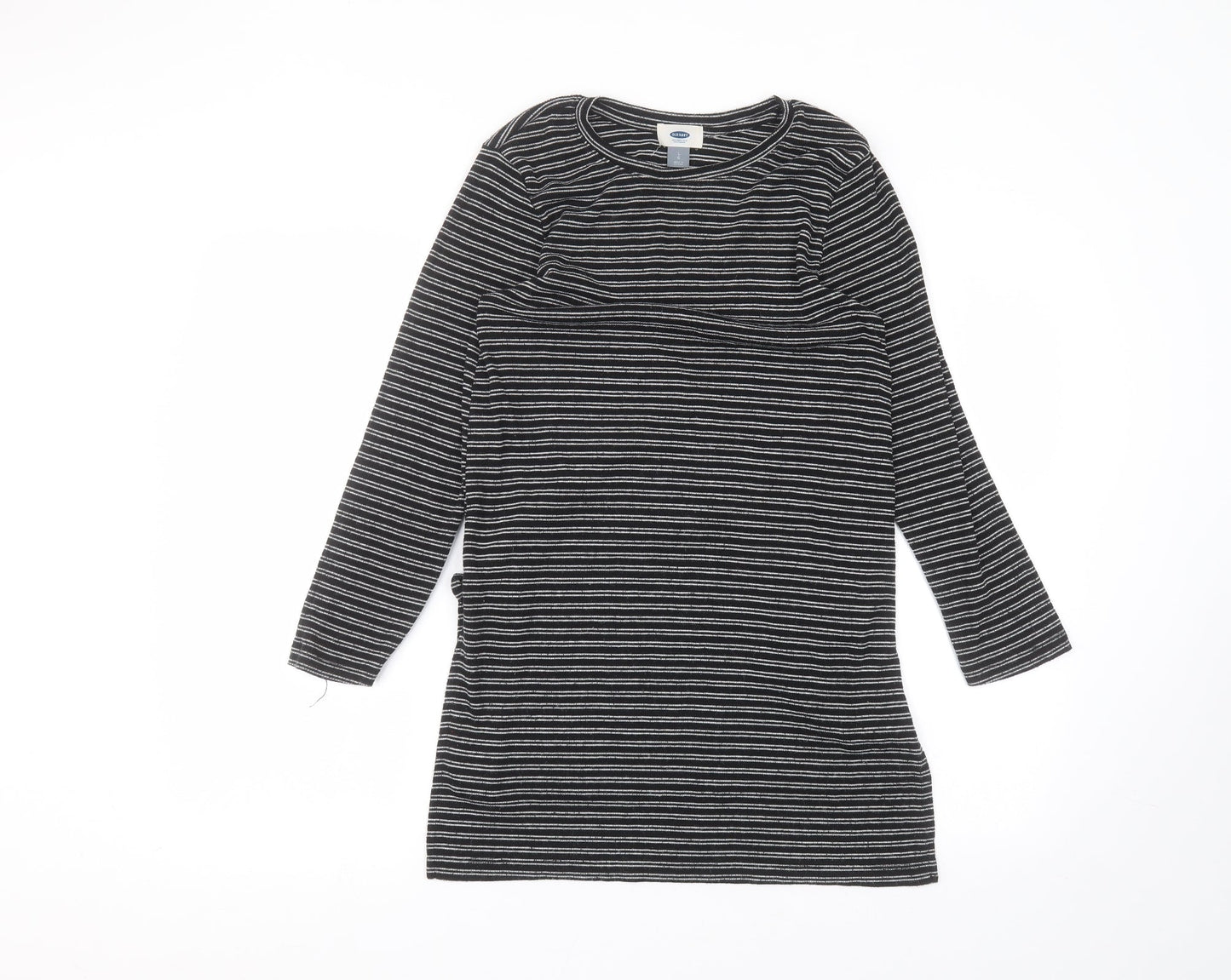 Old Navy Womens Black Striped Polyester Basic T-Shirt Size L Round Neck