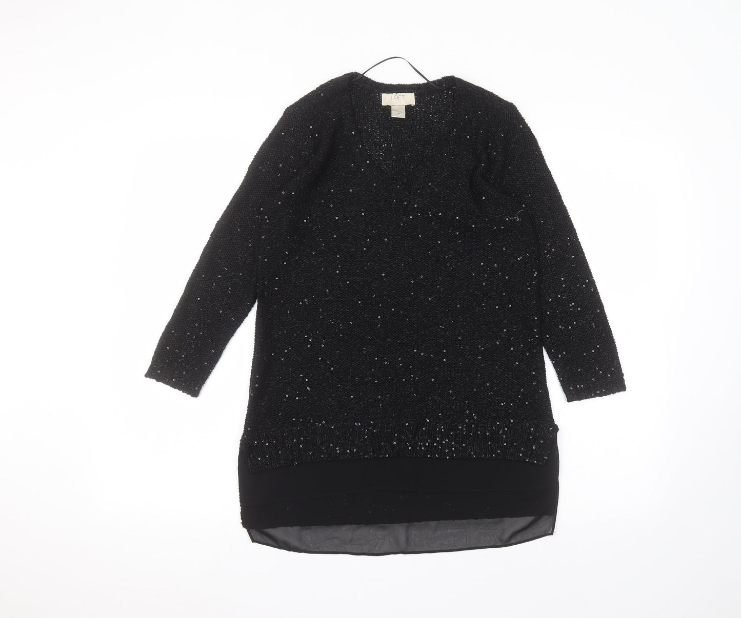 LOFT Womens Black Round Neck  Polyester Pullover Jumper Size S