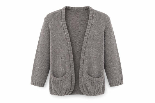 Front view of Papaya women’s grey v-neck acrylic cardigan jumper, size UK 10