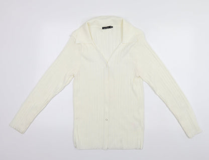 Boohoo Womens Ivory Collared  Acrylic Cardigan Jumper Size 16