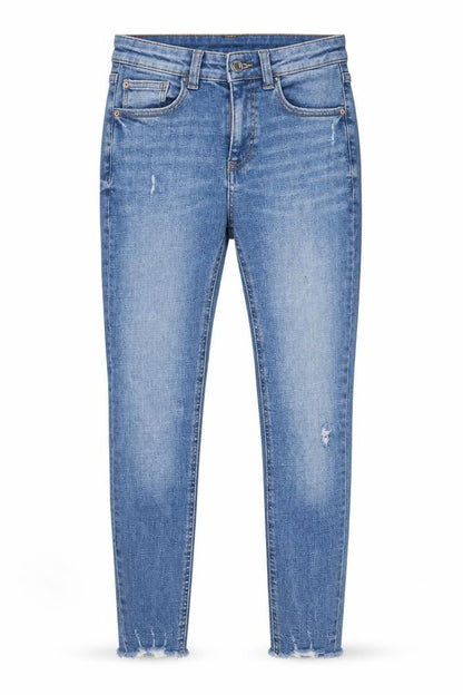 Front view of Denim & Co. women’s beige cotton skinny jeans, size UK 8, 25-inch leg regular