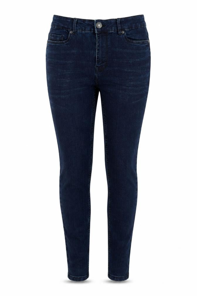 Front view of Peacocks women’s blue cotton skinny jeans, size UK 30, in, 31-inch leg regular