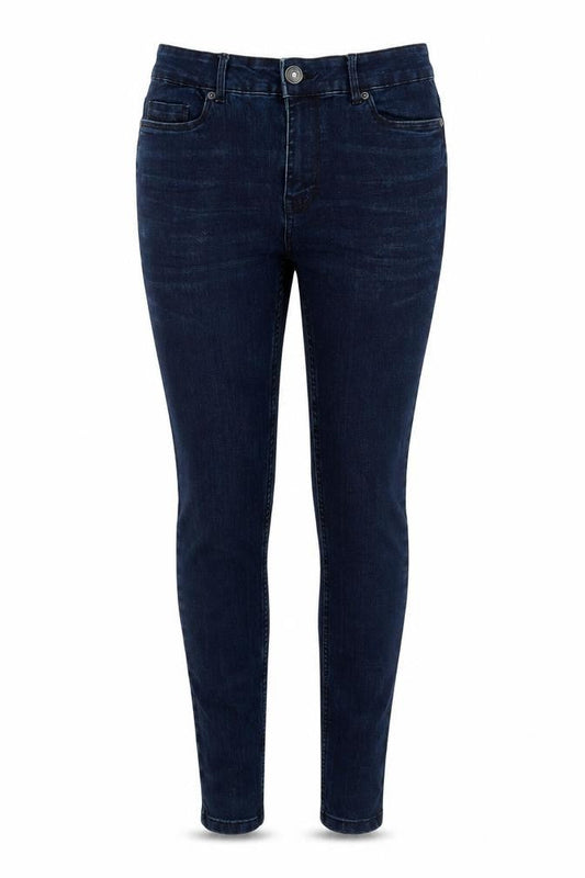 Front view of Peacocks women’s blue cotton skinny jeans, size UK 30, in, 31-inch leg regular