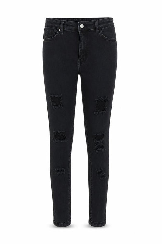 Front view of Boohoo women’s blue cotton skinny jeans, size UK 12, 26-inch leg regular zip