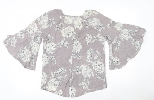 Primark Womens Grey Floral Polyester Basic Blouse Size 8 Round Neck