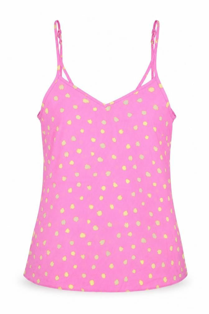 Front view of Primark women’s pink polka dot polyester camisole tank, size UK 8, v-neck - yellow