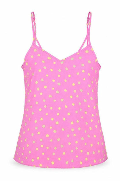 Front view of Primark women’s pink polka dot polyester camisole tank, size UK 8, v-neck - yellow