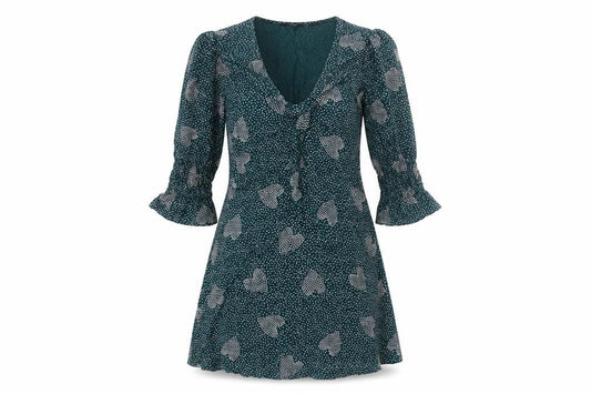 Front view of Lola Skye women’s green viscose fit & flare, size UK 8, v-neck pullover - hearts