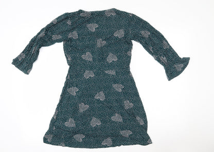 Lola Skye Womens Green  Viscose Fit & Flare  Size 8  V-Neck Pullover - Hearts