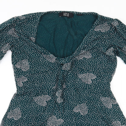 Lola Skye Womens Green  Viscose Fit & Flare  Size 8  V-Neck Pullover - Hearts