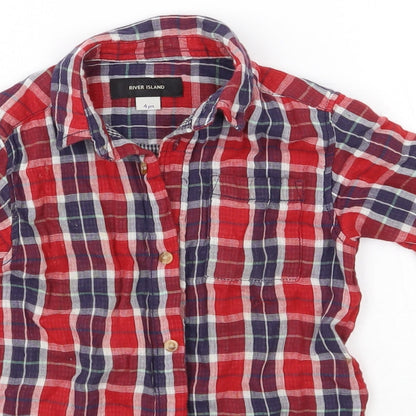 River Island Boys Red Check Polyester Basic Button-Up Size 4 Years Collared Button