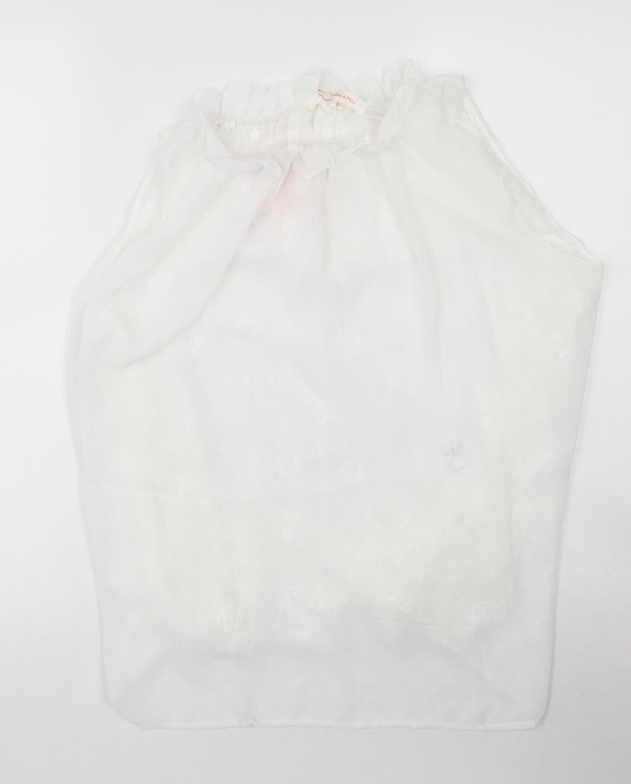 Grace and Mila Womens White Floral Polyester Basic Tank Size M High Neck - Lace Detail
