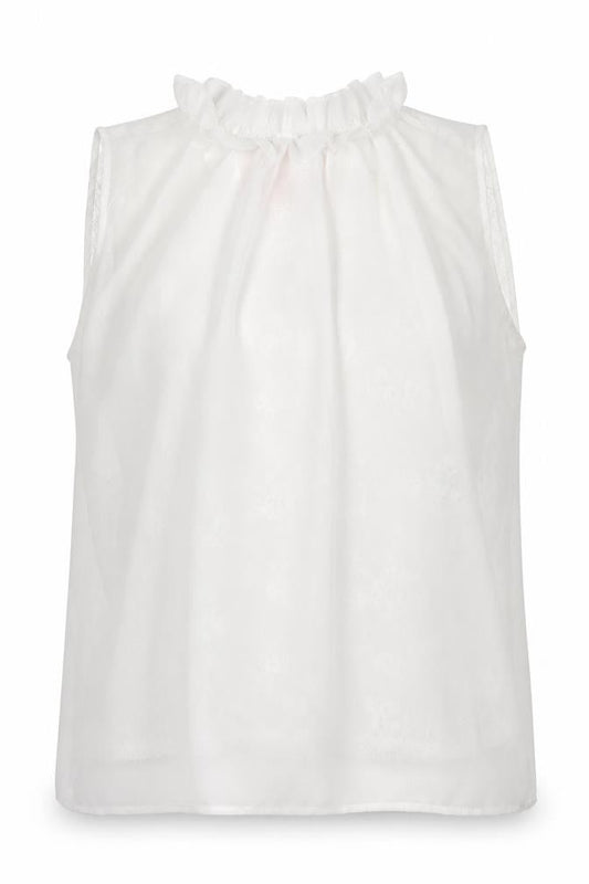Front view of Grace and Mila women’s white floral polyester basic tank, size M, high neck - lace detail