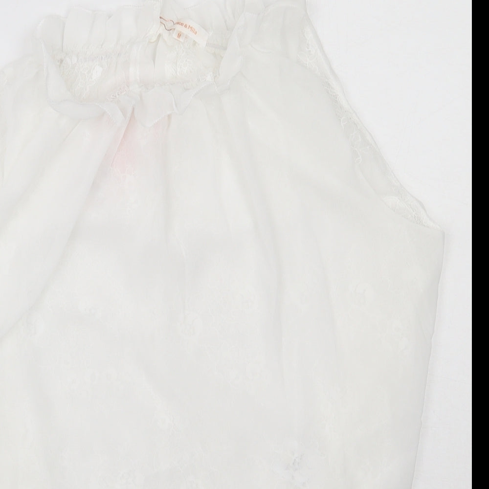 Grace and Mila Womens White Floral Polyester Basic Tank Size M High Neck - Lace Detail
