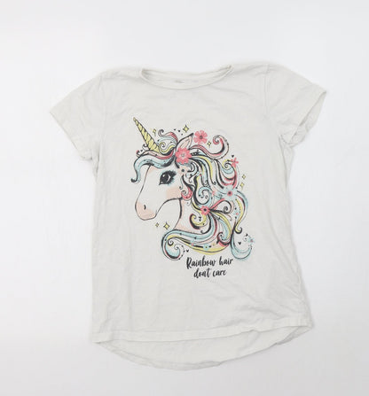 Nutmeg Girls White  Cotton Basic T-Shirt Size 12 Years Crew Neck  - Unicorn