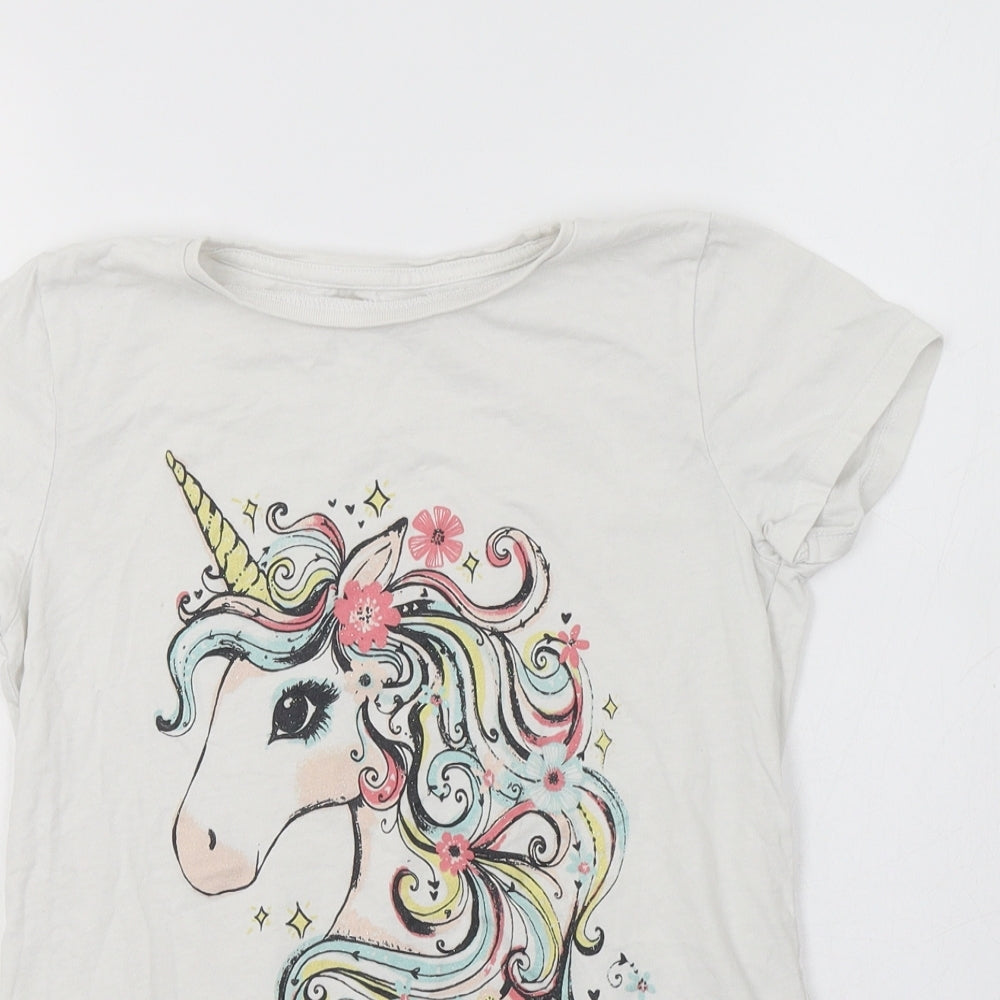 Nutmeg Girls White  Cotton Basic T-Shirt Size 12 Years Crew Neck  - Unicorn
