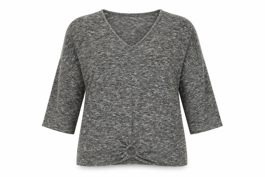 Front view of Papaya women’s grey v-neck polyester jumper, size UK 16