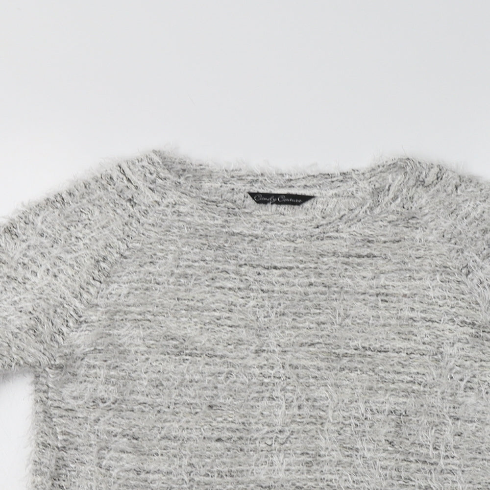 Close-up detail of Matalan girls’ grey crew neck polyester jumper, size 12-13, years
