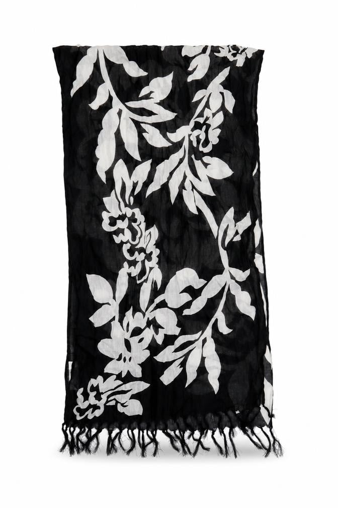 Front view of Preworn women’s black floral viscose shawl/wrap