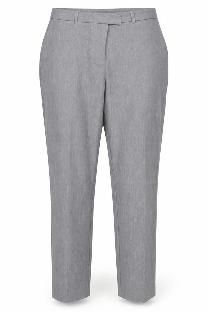 Front view of Matalan women’s grey polyester dress pants trousers, size UK 14, 36-inch leg regular