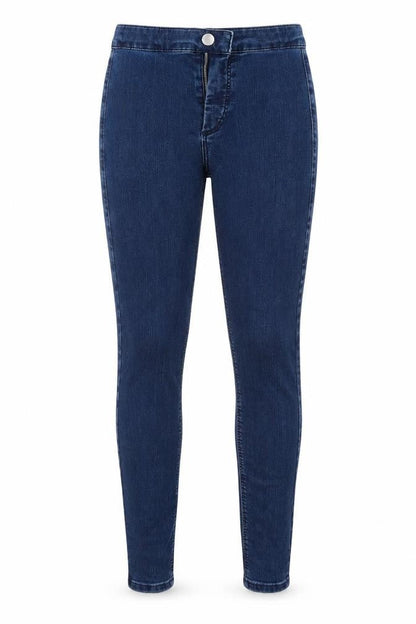 Front view of Topshop women’s blue cotton skinny jeans, size UK 26, in, 30-inch leg regular