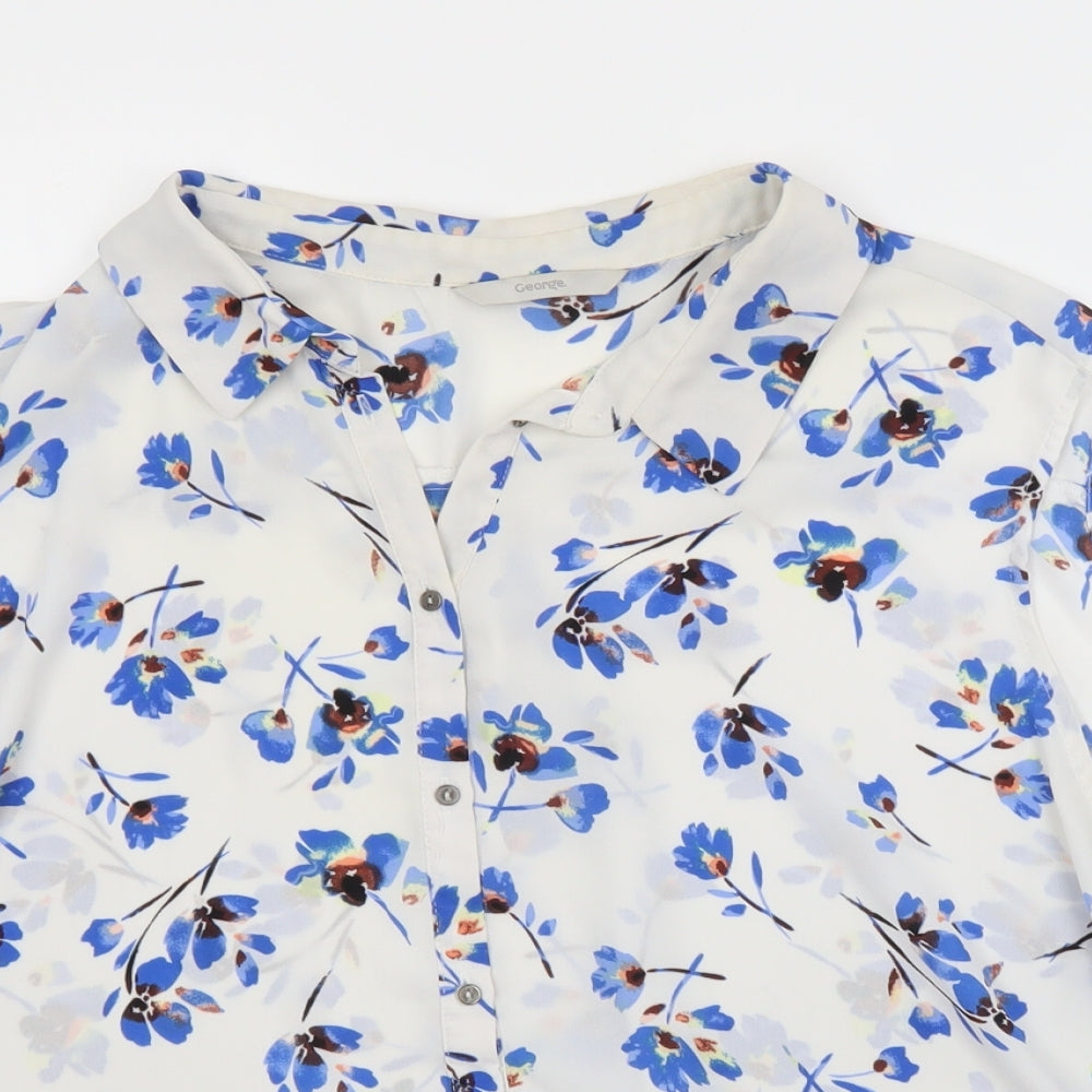 George Womens White Floral  Basic Button-Up  Collared