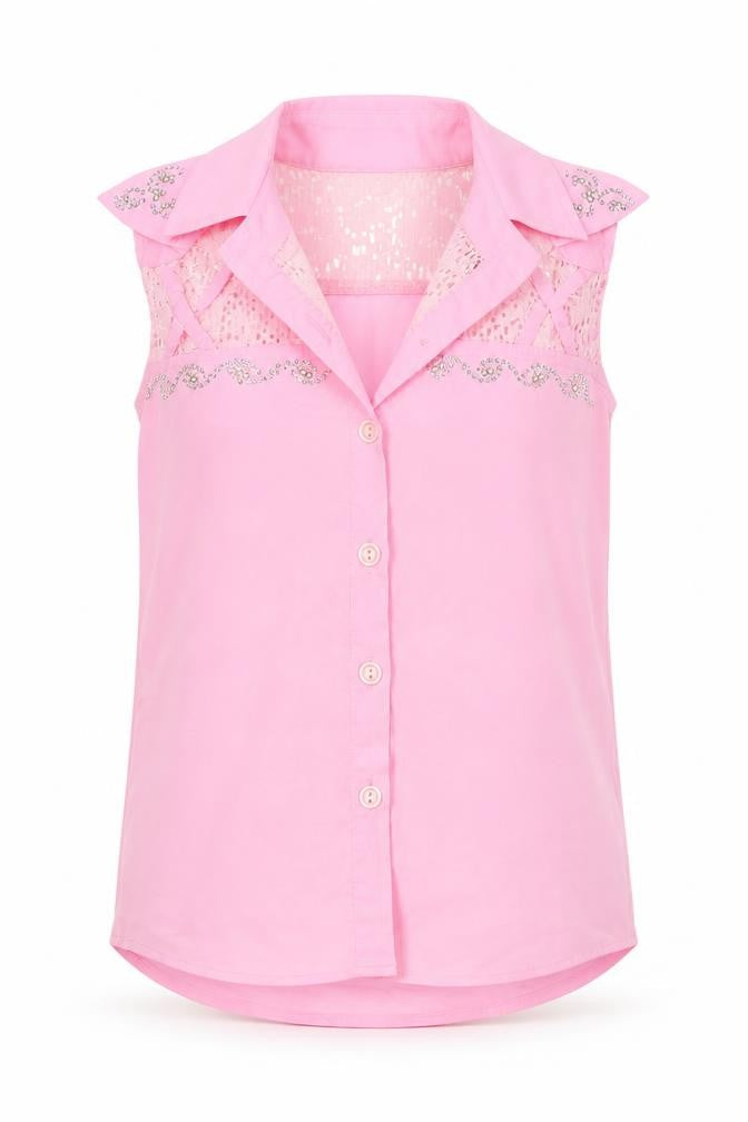 Front view of PRETTYLITTLETHING girls’ girls pink polyester basic button-up, size 7, years collared