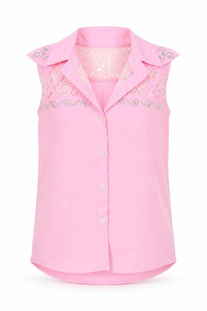 Front view of PRETTYLITTLETHING girls’ girls pink polyester basic button-up, size 7, years collared