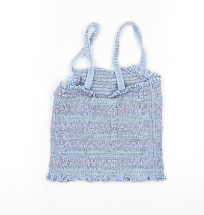 M&S Girls Blue Striped Cotton Basic Tank Size 10-11 Years Square Neck